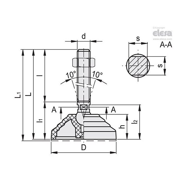Elesa Levelling feet, LVQ.A-60-14-SST-M20x110 - LVQ.A-SST
