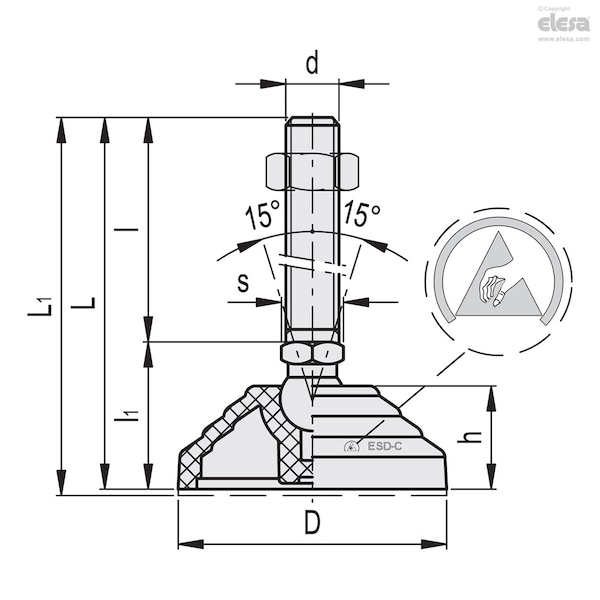 Elesa Levelling feet, LV.A-80-14-AS-SST-M14X98-ESD-C - LV.A-SST-ESD-C