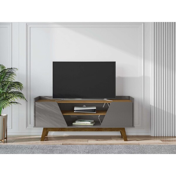 Manhattan Comfort Mid-Century Modern Marcus 53.14 TV Stand with Solid Wood Legs in Grey and Nature - 259BMC50