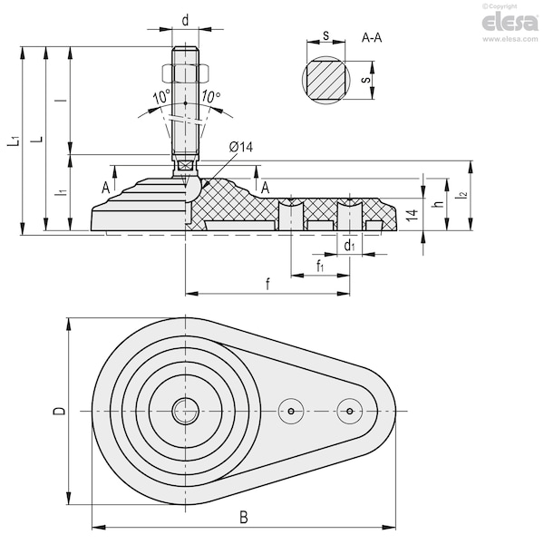 Elesa Levelling feet for ground mounting, LVQ.FO-60-14-AS-SST-M24x110 - LVQ.FO-SST