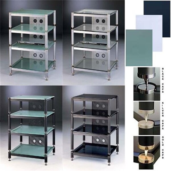 Vti Manufacturing VTI Manufacturing BLG404SSW 4 Silver Capspike Silver Poles 4 Clear Glass Shelves AV Stand - BLG404SSW