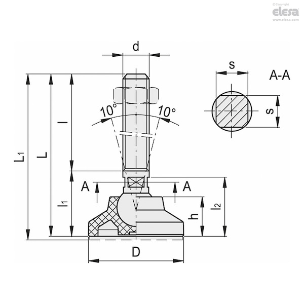 Elesa Levelling feet, LSQ.A-50-8.5-AS-SST-M8x73 - LSQ.A-SST