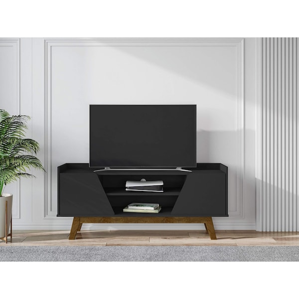 Manhattan Comfort Mid-Century Modern Marcus 53.14 TV Stand with Solid Wood Legs in Matte Black - 259BMC8