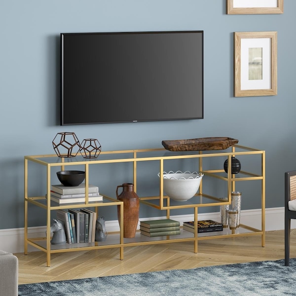 Henn & Hart Deveraux Brass Finish TV Stand with Glass Shelves - TV0631