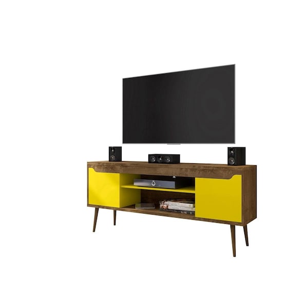 Designed To Furnish Bradley TV Stand Rustic Brown & Yellow, 2 Media, 2 Storage Shelves, 26.57 x 62.99 x 14.17 in. - DE2616433