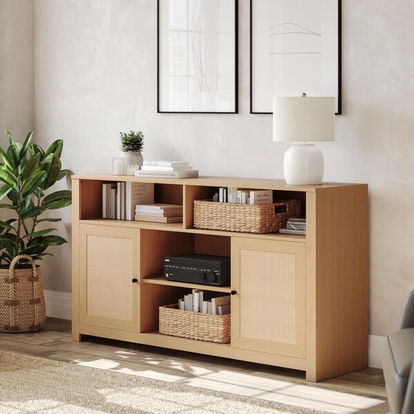 Flash Furniture Malaki 58 Inch Buffet Sideboard w/2 Soft Close Drs and Cntr Shelf, up to 65in. TV's, Natural/Rattan - EV-ET8114-ZZ-NAT-GG
