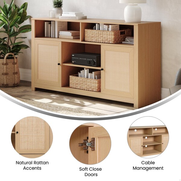 Flash Furniture Malaki 58 Inch Buffet Sideboard w/2 Soft Close Drs and Cntr Shelf, up to 65in. TV's, Natural/Rattan - EV-ET8114-ZZ-NAT-GG