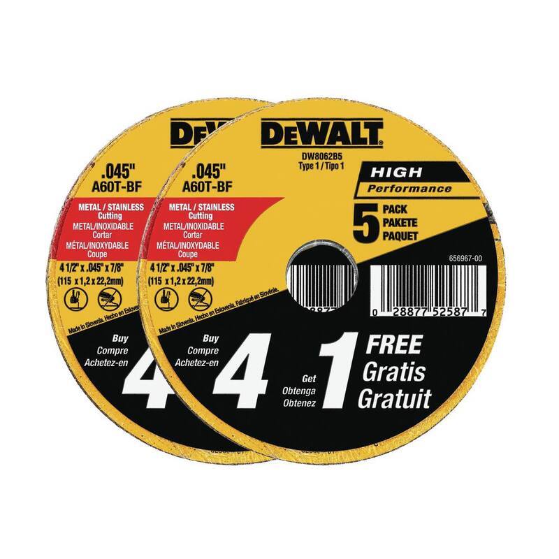 Rueda de corte de metal y acero inoxidable DEWALT de 4-1/2 pulgadas x .045 pulgadas x 7/8 pulgadas (paquete de 10) con juego de brocas negras y doradas de 14 piezas - DW8062B5W184899
