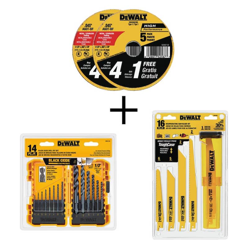Rueda de corte de metal y acero inoxidable DEWALT de 4-1/2 pulgadas x .045 pulgadas x 7/8 pulgadas (paquete de 10) con juego de brocas negras y doradas de 14 piezas - DW8062B5W184899