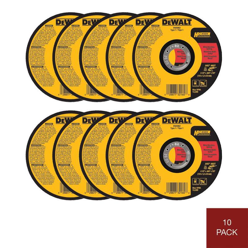 Rueda de corte de metal y acero inoxidable DEWALT de 4-1/2 pulgadas x .045 pulgadas x 7/8 pulgadas (paquete de 10) con juego de brocas negras y doradas de 14 piezas - DW8062B5W184899