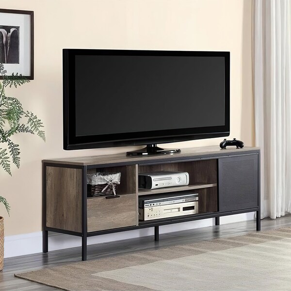 Acme Wooden TV Stand with Sliding Door in Rustic Oak and Black - ER-0226OAK