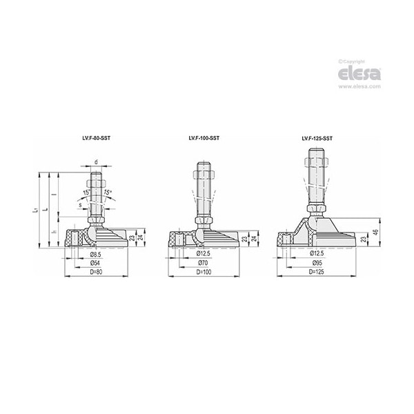 Elesa Levelling feet for ground mounting, LV.F-125-24-AS-SST-M16x98 - LV.F-SST