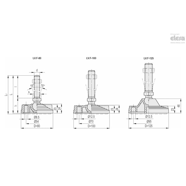 Elesa Levelling feet for ground mounting, LV.F-80-14-AS-M10x43 - LV.F