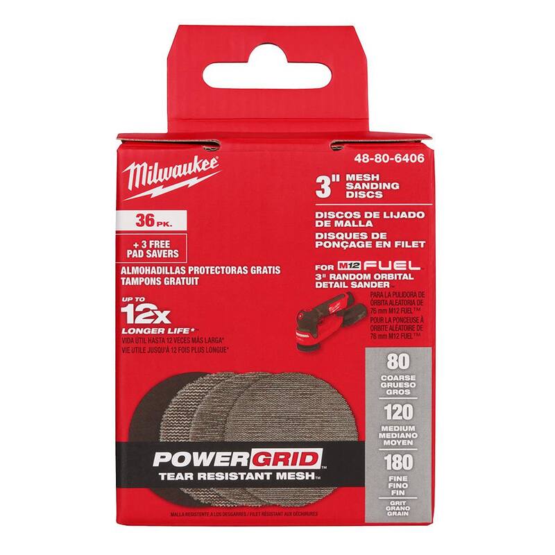 Discos de lija de malla surtidos de 3 pulgadas de Milwaukee, 80-Grit, 120-Grit, 180-Grit para M12 FUEL 3 pulgadas. Lijadora orbital aleatoria (39 piezas) - 48-80-6406