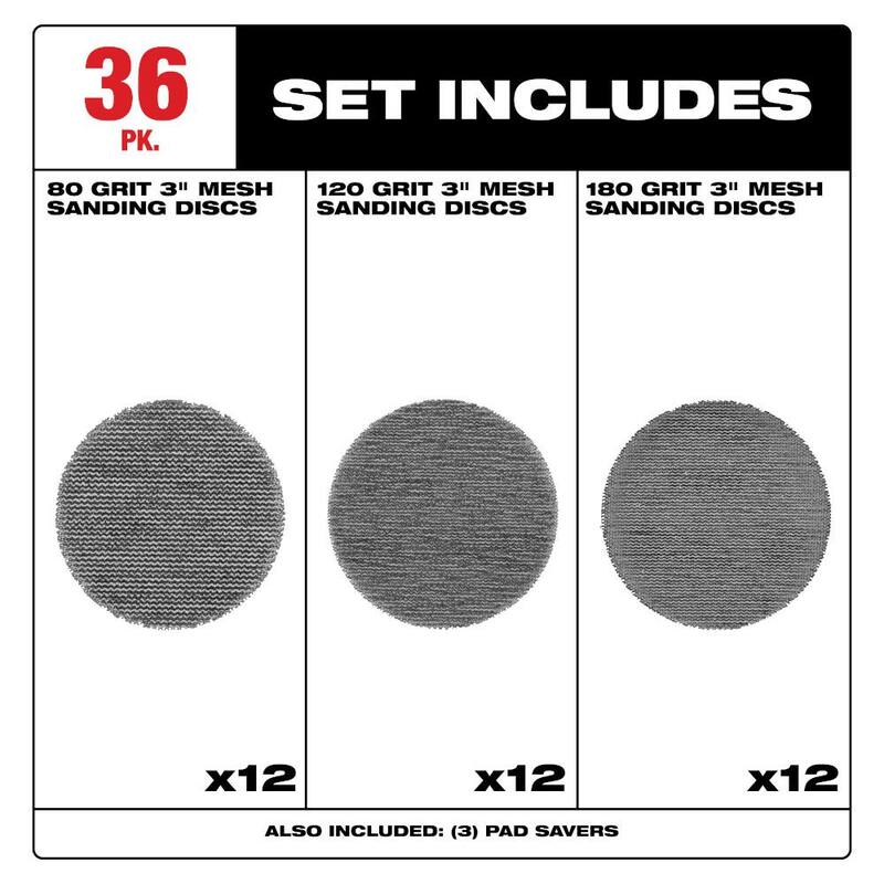 Discos de lija de malla surtidos de 3 pulgadas de Milwaukee, 80-Grit, 120-Grit, 180-Grit para M12 FUEL 3 pulgadas. Lijadora orbital aleatoria (39 piezas) - 48-80-6406
