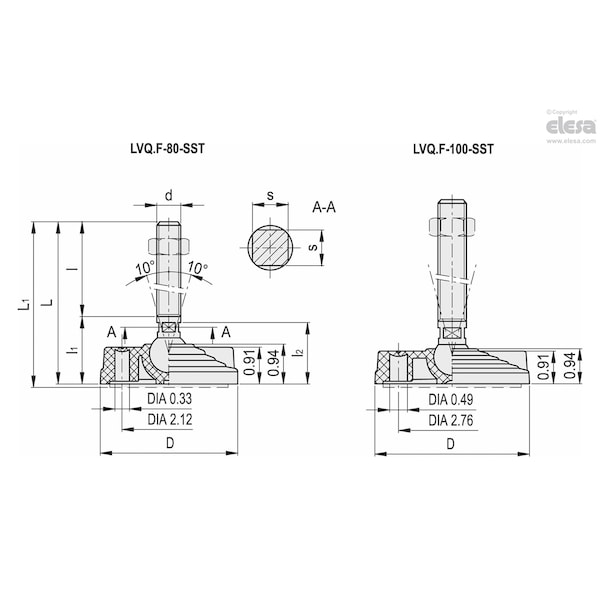 Elesa Levelling elements for ground mounting, LVQ.F-100-14-AS-SST-3/4-10x8 - LVQ.F-SST (INCH SIZES)
