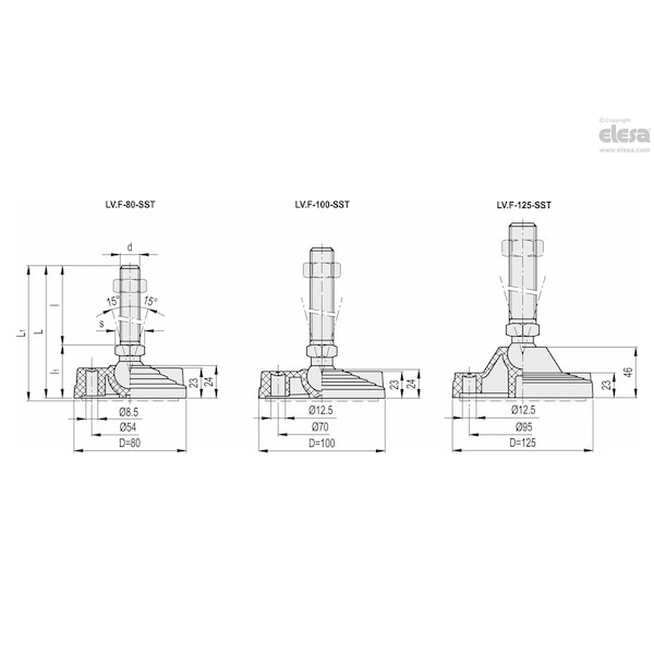 Elesa Levelling feet for ground mounting, LV.F-100-24-SST-M16x98 - LV.F-SST