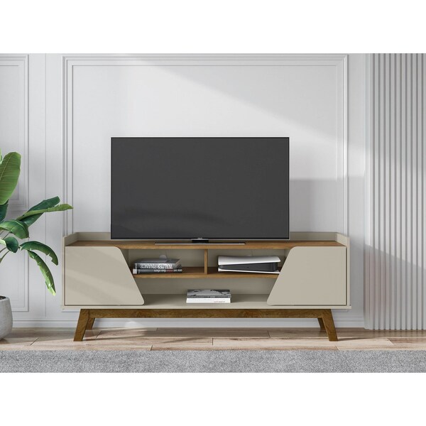 Manhattan Comfort Mid-Century Modern Marcus 62.99 TV Stand with Solid Wood Legs in Greige and Nature - 260BMC10