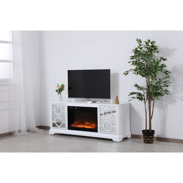 Elegant Decor 60 In. Mirrored Tv Stand With Wood Fireplace Insert In White, 2PK - MF801WH-F1