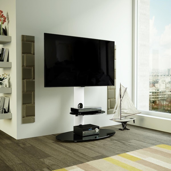 Seatsolutions Combi Lugano Oval Pedestal TV Stand - Satin White & Black Glass - SE3323572