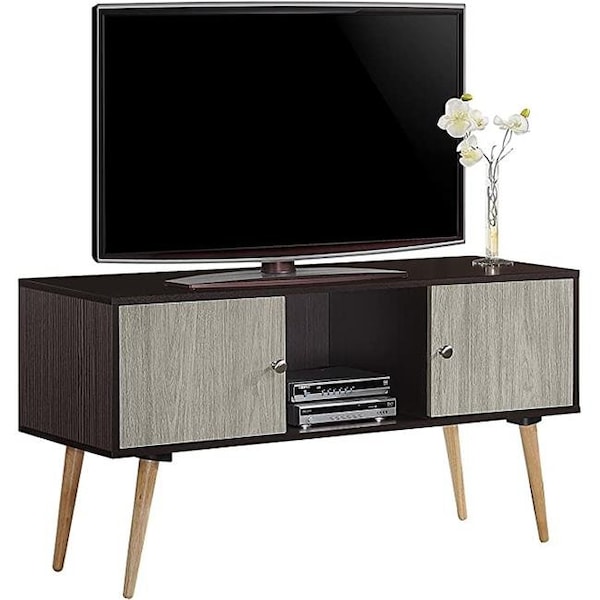 Hodedah Hodedah HITV435 CHOC-GREY Retro Style Entertainment Unit - Chocolate & Grey - HITV435 CHOC-GREY