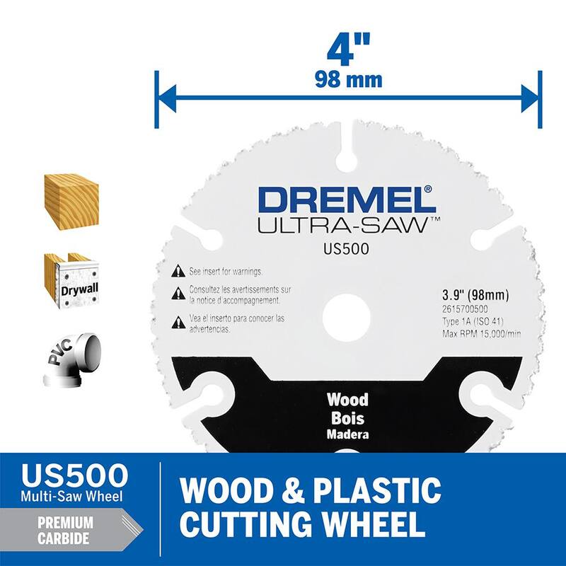 Rueda de corte de madera y plástico de carburo premium de 4 pulgadas para Dremel Ultra-Saw - US500-01