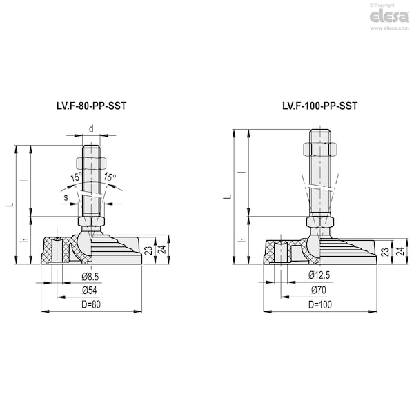 Elesa Without no-slip disk, LV.F-80-PP-24-SST-M24x198 - LV.F-PP-SST