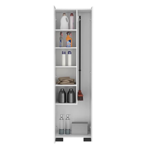 Tuhome Lake Broom Cabinet Slim-Design Storage Solution with Inner Shelves and Side Broom Hangers-White - MLB9066