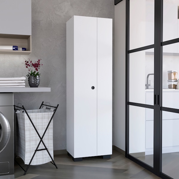 Tuhome Lake Broom Cabinet Slim-Design Storage Solution with Inner Shelves and Side Broom Hangers-White - MLB9066
