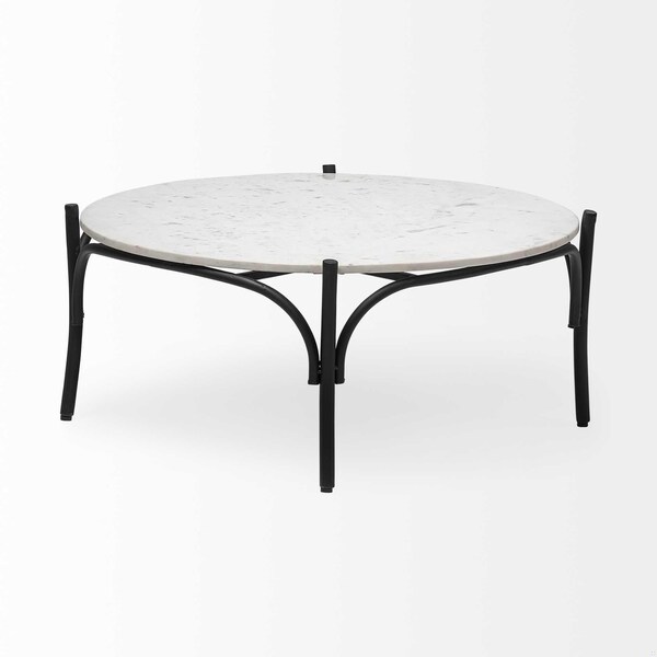 Homeroots 36 in. Round White Marble Top Black & Metal Base Coffee Table - 376297