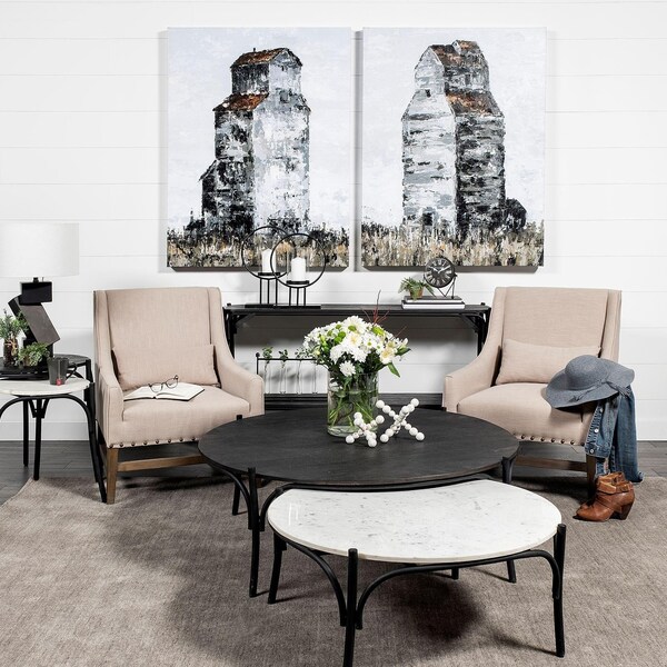 Homeroots 36 in. Round White Marble Top Black & Metal Base Coffee Table - 376297