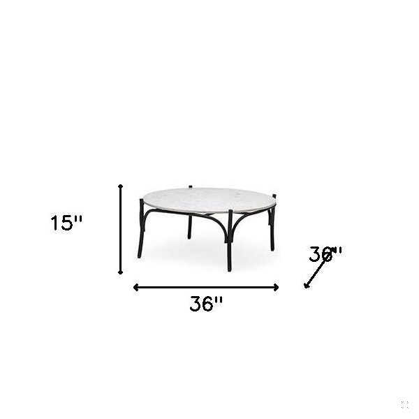 Homeroots 36 in. Round White Marble Top Black & Metal Base Coffee Table - 376297
