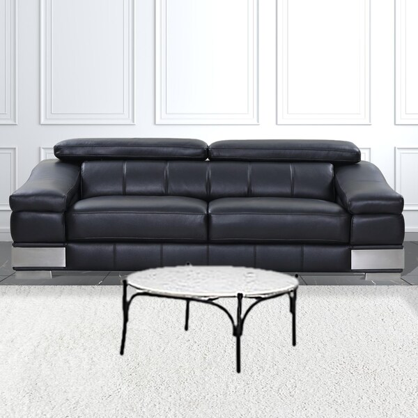 Homeroots 36 in. Round White Marble Top Black & Metal Base Coffee Table - 376297