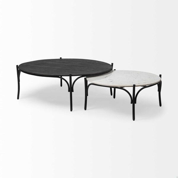 Homeroots 36 in. Round White Marble Top Black & Metal Base Coffee Table - 376297