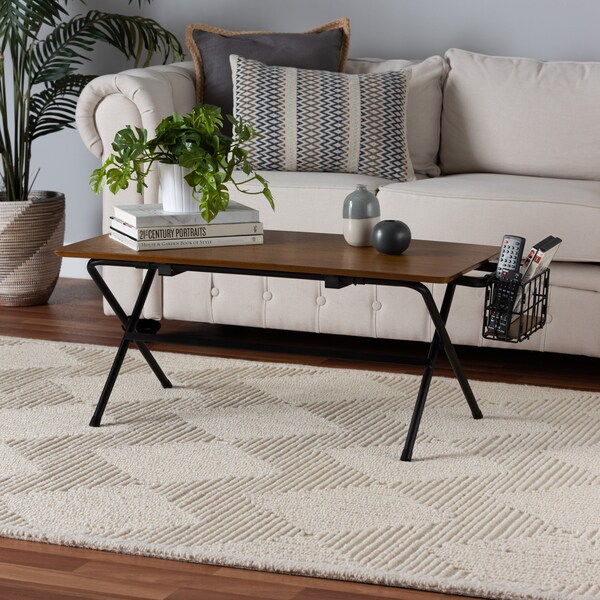 Baxton Studio Mariela Natural Brown and Black Low Profile Coffee Table with Basket - 221-12739-ZORO