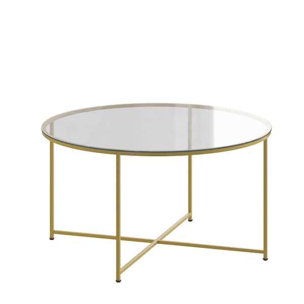Flash Furniture Greenwich Collection Coffee Table - Modern Clear Glass Accent Table with Crisscross Brushed Gold Frame - NAN-JH-1786CT-GG
