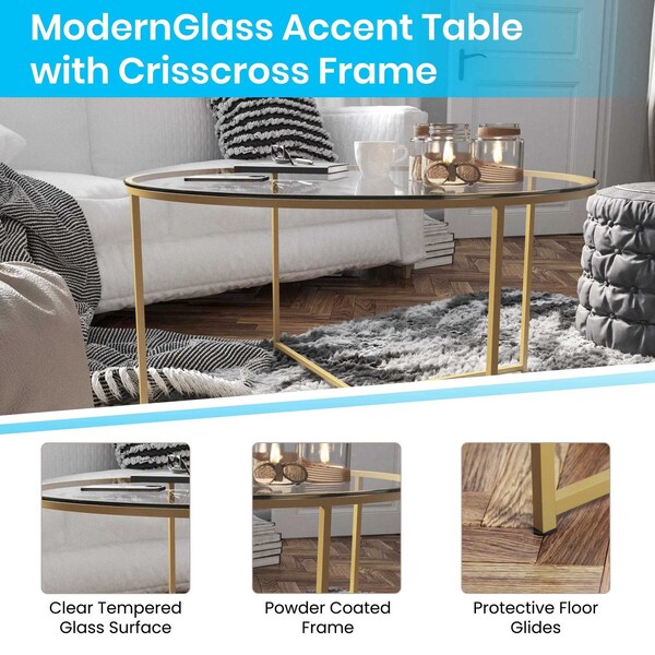 Flash Furniture Greenwich Collection Coffee Table - Modern Clear Glass Accent Table with Crisscross Brushed Gold Frame - NAN-JH-1786CT-GG