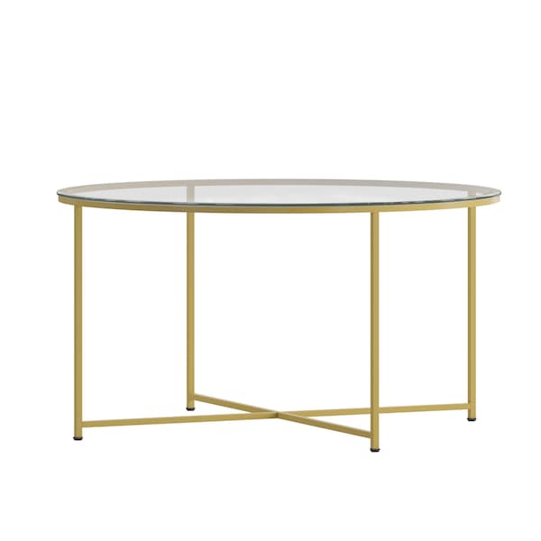 Flash Furniture Greenwich Collection Coffee Table - Modern Clear Glass Accent Table with Crisscross Brushed Gold Frame - NAN-JH-1786CT-GG