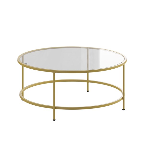 Flash Furniture Astoria Collection Round Coffee Table - Modern Clear Glass Coffee Table with Brushed Gold Frame - NAN-JN-21750CT-GG
