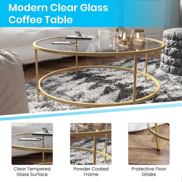 Flash Furniture Astoria Collection Round Coffee Table - Modern Clear Glass Coffee Table with Brushed Gold Frame - NAN-JN-21750CT-GG