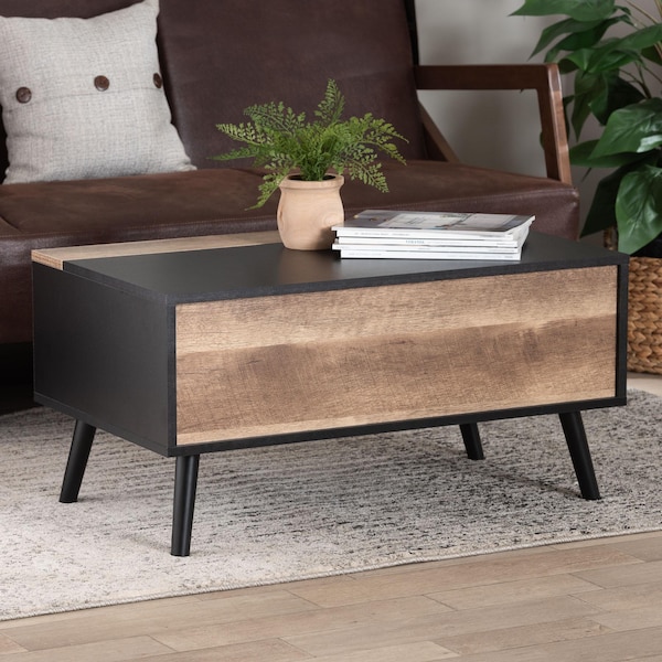 Baxton Studio Jensen Modern Two-Tone Black and Brown Finished Wood Lift Top Coffee Table with Storage Compartment - 176-11251-ZORO