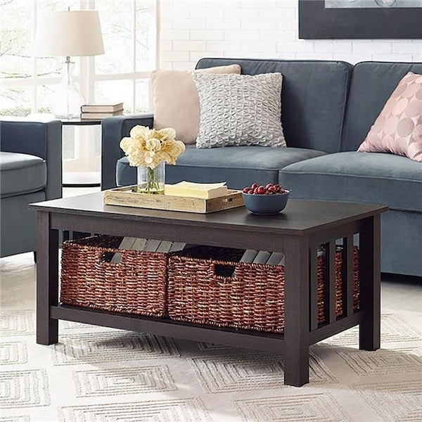 Walker Edison Furniture Walker Edison C40MSTES 40 in. Wood Storage Coffee Table with Totes - Espresso - C40MSTES