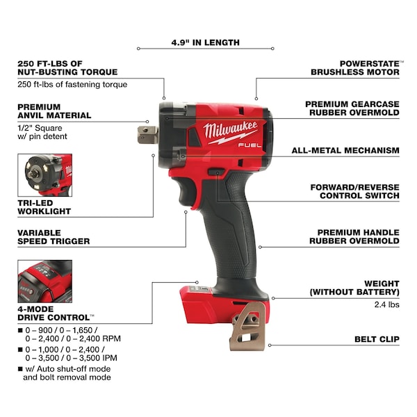 Milwaukee Tool M18 FUEL 1/2 in. Compact Impact Wrench with Pin Detent (Tool Only) - 2855P-20