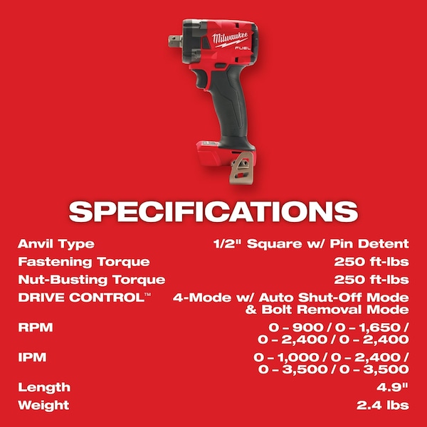 Milwaukee Tool M18 FUEL 1/2 in. Compact Impact Wrench with Pin Detent (Tool Only) - 2855P-20