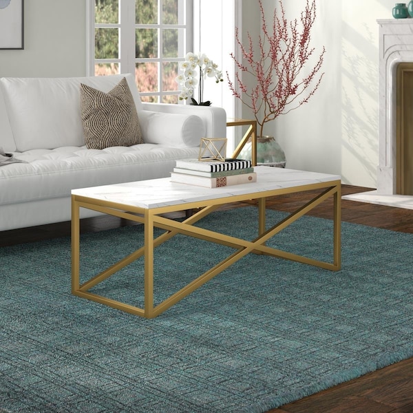 Hudson & Canal 46 in. Calix Rectangular Coffee Table with Faux Marble Top Brass - CT1564