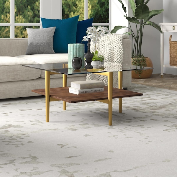 Hudson & Canal 32 in. Otto Square Coffee Table with Faux Walnut Shelf Brass - CT1516