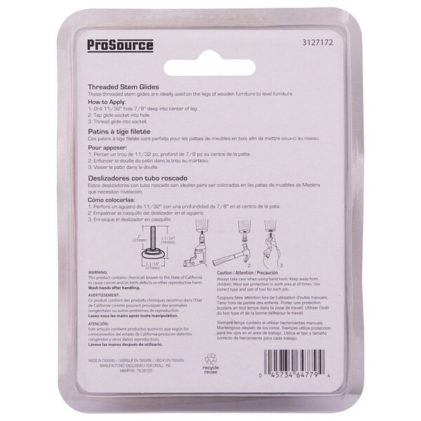 Prosource Furniture Glide, Plastic/Steel, Silver, Nickel Plated, 1-1/16 x 1-1/16 x 1-7/16 in Dimensions - FE-S506-PS