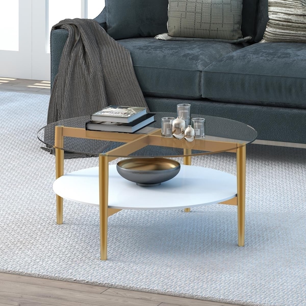 Henn & Hart Otto 36 in. Brass Finish Coffee Table with White Lacquer Shelf - CT0139