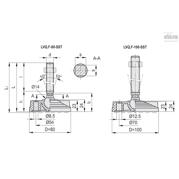 Elesa Levelling feet for ground mounting, LVQ.F-80-14-AS-SST-M24x210 - LVQ.F-SST