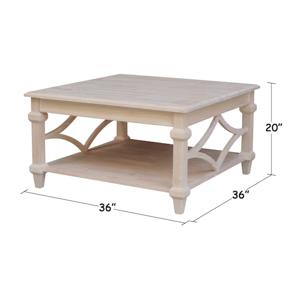 International Concepts Josephine Solid Wood Square Coffee Table with Shelf, 36X36X2, Unfinished - OT-19SC